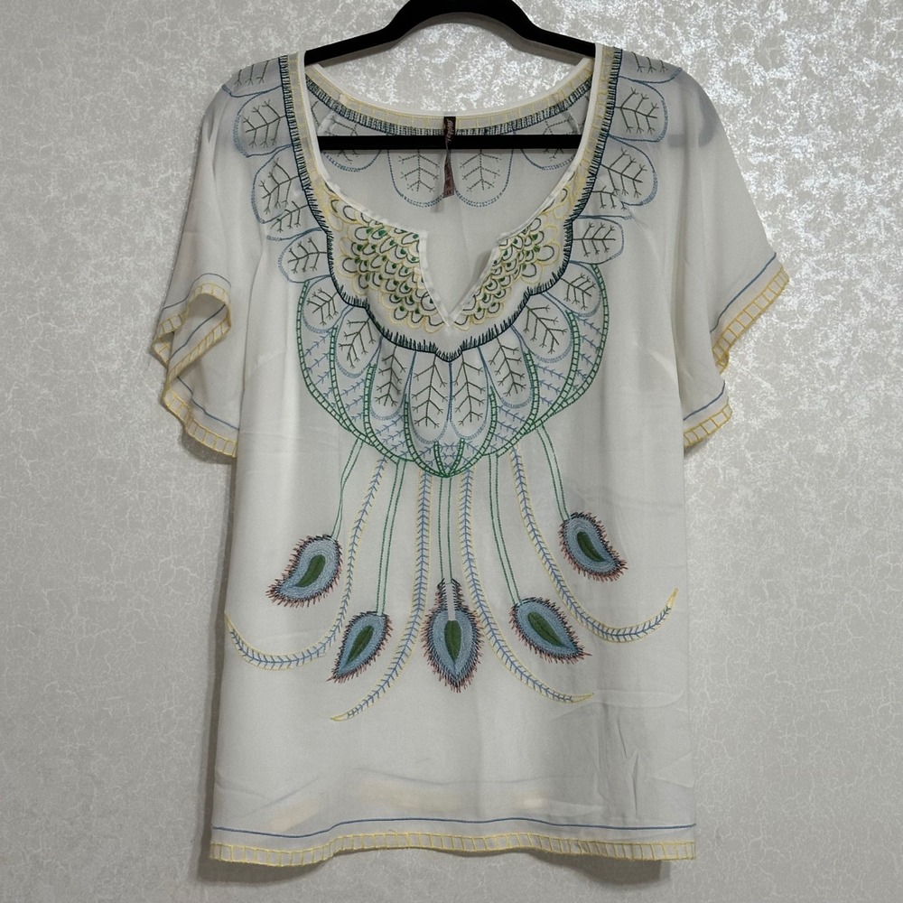 Sienna Rose Mushbab Embroidered Peacock Peasant Blouse Boho Sheer White XL‎
